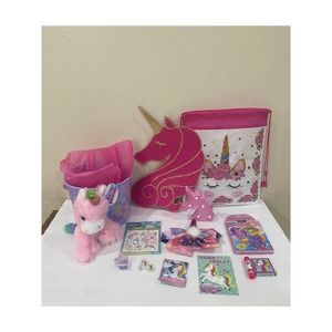 Plush Unicorn Gift Basket Set Backpack Wall Decal LED Light Tattoos Books & Toys